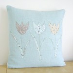 Blue Green Organic Cushion with Tulip Flower Applique